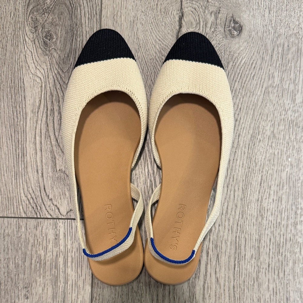 Rothy's Black and Cream Cap-Toe Slingback Flats